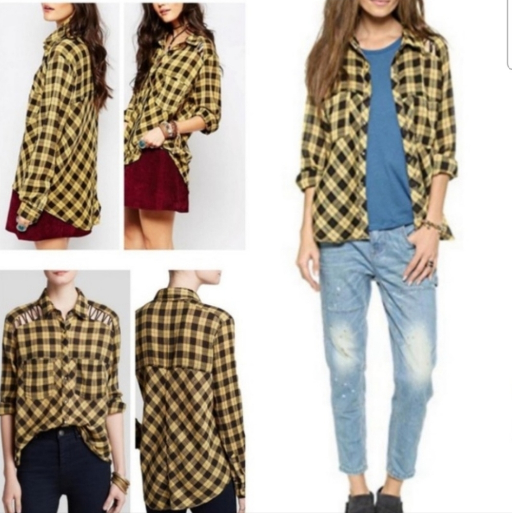 🌈FREE PEOPLE PLAID BUTTON DOWN w/SHOULDER CUT OUTS- XS💞HOST PICK💞